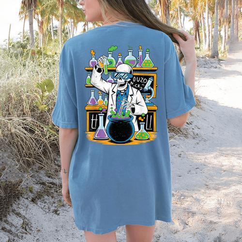 Skeleton Mad Scientist Halloween Costume Science Teacher Women's Comfort Colors T-Shirt Back Print - teacherstshirts.com