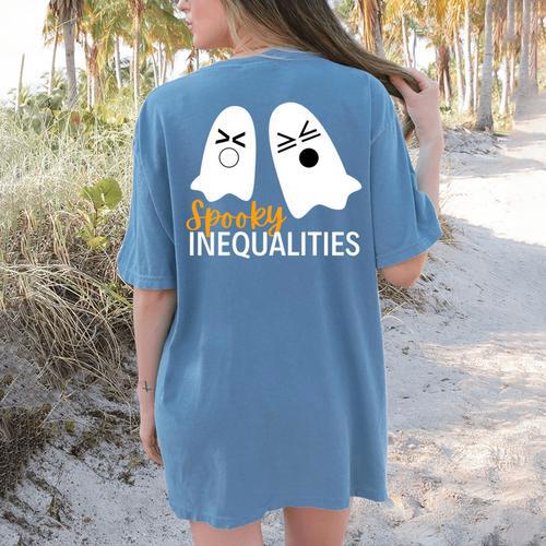 Spooky Inequalities Ghosts Halloween Math Teacher Women's Comfort Colors T-Shirt Back Print - teacherstshirts.com UK
