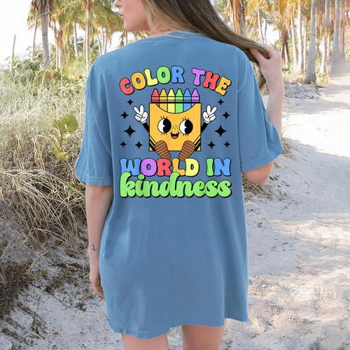 Teacher Back To School Color In Kindness Crayon Pencil Women's Comfort Colors T-Shirt Back Print - teacherstshirts.com UK