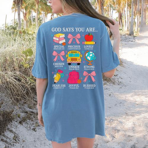 Teacher Christian God Says I Am Faith Religious Bible Verse Women's Comfort Colors T-Shirt Back Print - teacherstshirts.com CA