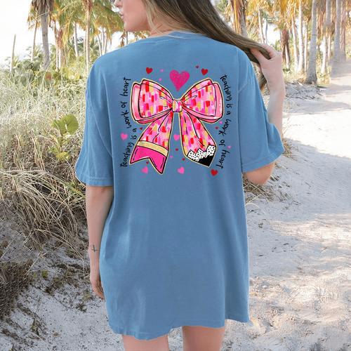 Teaching Is A Work Of Heart Pencil Bow Teacher Valentine Women's Comfort Colors T-Shirt Back Print - teacherstshirts.com UK