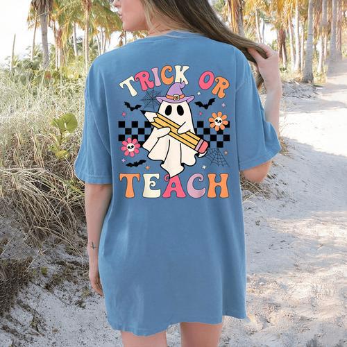 Trick Or Teach Groovy Teacher Halloween Retro Floral Ghost Women's Comfort Colors T-Shirt Back Print - teacherstshirts.com AU