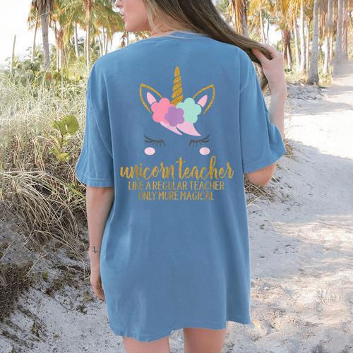 Unicorn Teacher Shirt For Women School Teacher Women's Comfort Colors T-Shirt Back Print - teacherstshirts.com AU