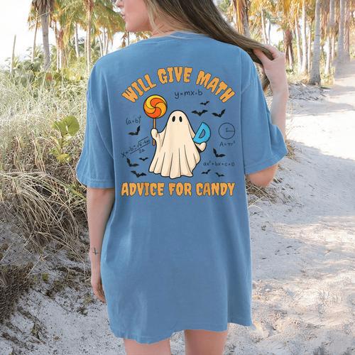 Will Give Math Advice For Candy Math Ghost Teacher Halloween Women's Comfort Colors T-Shirt Back Print - teacherstshirts.com UK