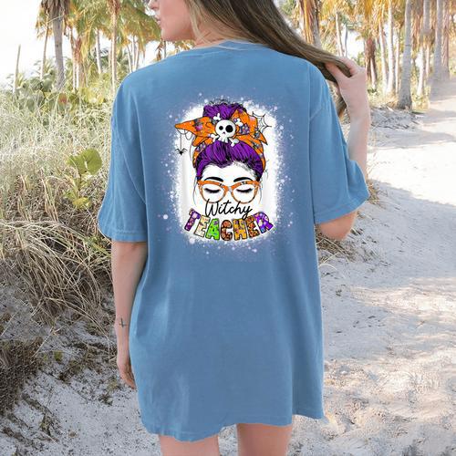 Witchy Teacher Halloween Messy Bun Teacher Bleached Women's Comfort Colors T-Shirt Back Print - teacherstshirts.com UK