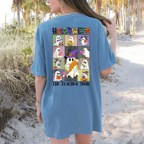Women Halloween The Teacher Tour Ghosts Pencil Pumpkins Women's Comfort Colors T-Shirt Back Print - teacherstshirts.com