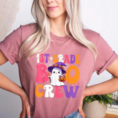 1st Grade Boo Crew Halloween First Grade Halloween Teacher Women's Heather T-Shirt - teacherstshirts.com CA