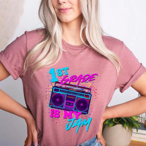 1st Grade Is My Jam Vintage 80s 80's Teacher Student Retro Women's Heather T-Shirt - teacherstshirts.com