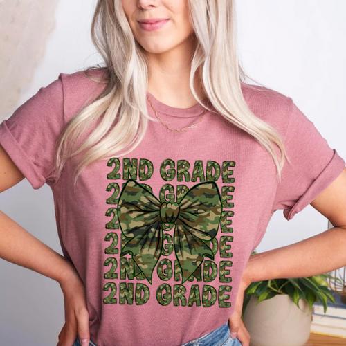 2nd Grade Teacher Student Camo Bow Back To School Women's Heather T-Shirt - teacherstshirts.com CA