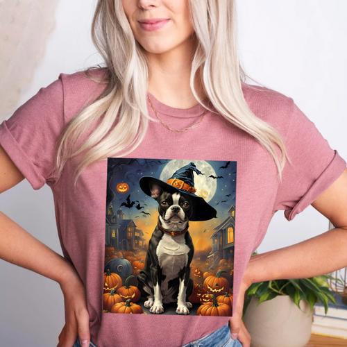 Aesthetic Halloween Boston Terrier Dog Witch Pumpkin For Men Women Kids Women's Heather T-Shirt - Bostonterriersmerch.com