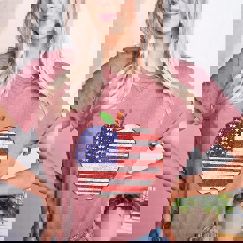 American Flag Teachers Students Apple 4th Of July Vintage Women&#x27;s Heather T-Shirt - teacherstshirts.com