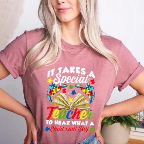 Autism Awareness Teacher Shirts It Takes A Special Teacher Women's Heather T-Shirt - teacherstshirts.com DE