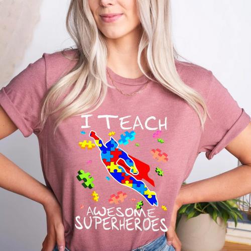 Autism Awareness Teacher I Teach Awesome Superheroes Women's Heather T-Shirt - teacherstshirts.com DE