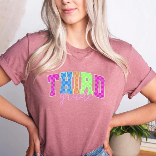 Back To School Neon Checkered Third Grade Colorful Teacher Women's Heather T-Shirt - teacherstshirts.com CA
