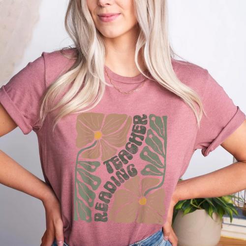 Boho Floral Reading Teacher Retro Reading Specialist Wildfl Women's Heather T-Shirt - teacherstshirts.com UK