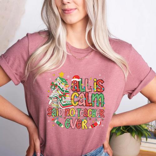 Book Tree All Is Calm Said No Teacher Ever Christmas Women's Heather T-Shirt - teacherstshirts.com CA