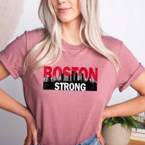 Boston Strong Logo Vintage Boston City Skyline Women's Heather T-Shirt - Bostonterriersmerch.com