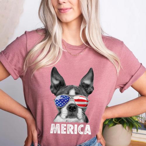 Boston Terrier 4th Of July Merica Men Women USA Flag Vintage Women's Heather T-Shirt - Bostonterriersmerch.com