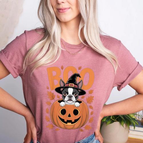 Boston Terrier Costume On Pumpkin Halloween Boston Terrier Women's Heather T-Shirt - Bostonterriersmerch.com