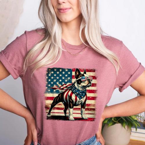 Boston Terrier Dog 4th Of July USA American Flag Patriotic Women's Heather T-Shirt - Bostonterriersmerch.com