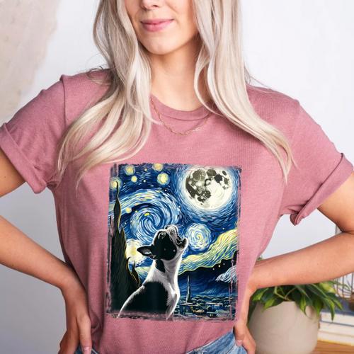 Boston Terrier Dog Art Van Gogh Starry Night Boston Terrier Women's Heather T-Shirt - Bostonterriersmerch.com