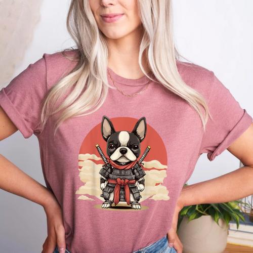 Boston Terrier Dog Japanese Style Samurai Dogs Women's Heather T-Shirt - Bostonterriersmerch.com