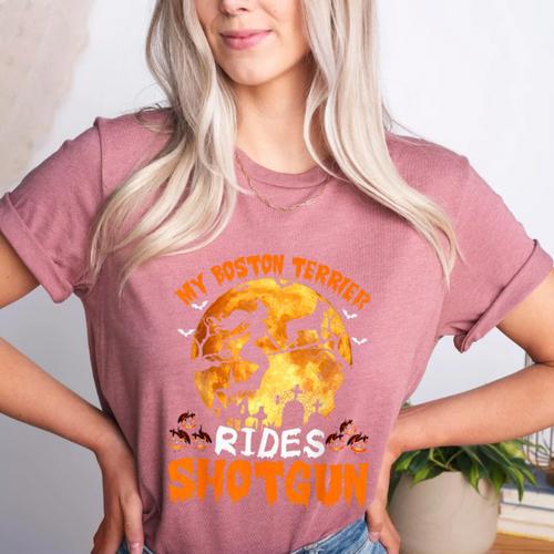 My Boston Terrier Dog Rides Shotgun Witch Halloween Men Women Women's Heather T-Shirt - Bostonterriersmerch.com