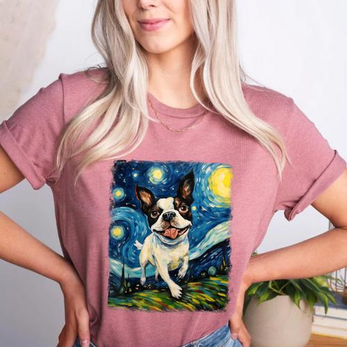 Boston Terrier Dog Starry Night Painting Women's Heather T-Shirt - Bostonterriersmerch.com