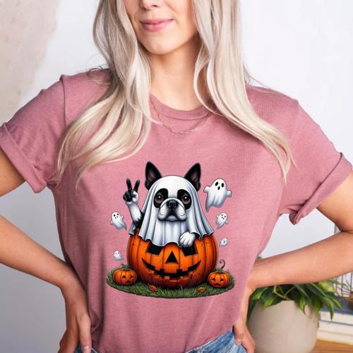 Boston Terrier Ghost Boo Halloween Kids Women's Heather T-Shirt - Bostonterriersmerch.com