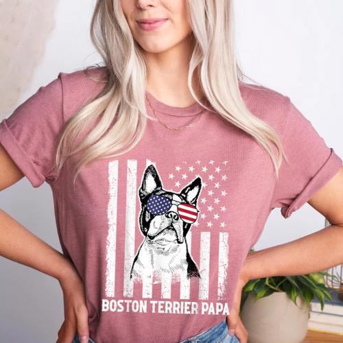 Boston Terrier Papa Cool Dog Lover USA American Flag Men Women Women's Heather T-Shirt - Bostonterriersmerch.com