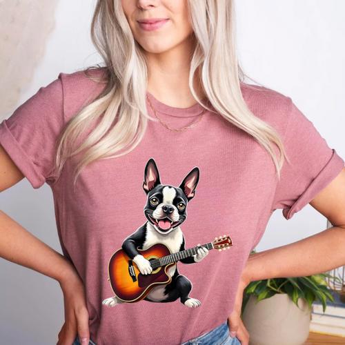 Boston Terrier Playing Guitar Boston Terrier Women's Heather T-Shirt - Bostonterriersmerch.com