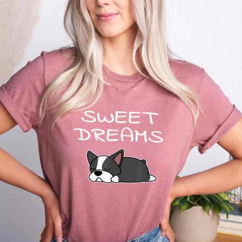 Boston Terrier Puppy Sweet Dreams Pajama For Bedtime Women's Heather T-Shirt - Bostonterriersmerch.com