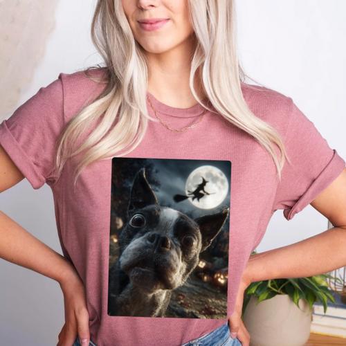 Boston Terrier Selfie Full Moon Flying Witch Halloween Dog Women's Heather T-Shirt - Bostonterriersmerch.com