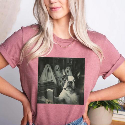 Boston Terrier Selfie With Ghosts Halloween Dog Lover Women's Heather T-Shirt - Bostonterriersmerch.com