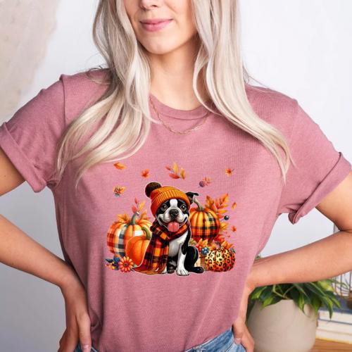 Boston Terrier Thanksgiving Leopard Pumpkins Fall Leaves Women's Heather T-Shirt - Bostonterriersmerch.com