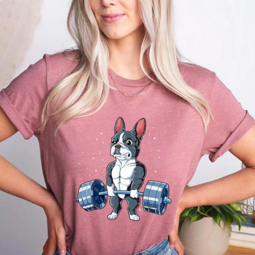 Boston Terrier Weightlifting Deadlift Men Fitness Gym Women's Heather T-Shirt - Bostonterriersmerch.com