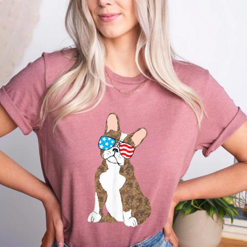 Brindle Boston Terrier Dog Patriotic Shirt USA Flag Women's Heather T-Shirt - Bostonterriersmerch.com