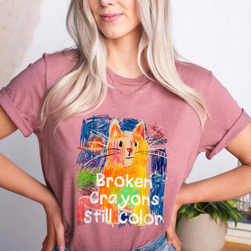 Broken Crayons Still Color Cat Teacher Women's Heather T-Shirt - teacherstshirts.com