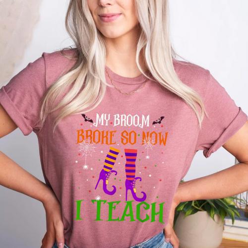 My Broom Broke So Now I Teach Teacher Witch Halloween Women's Heather T-Shirt - teacherstshirts.com AU