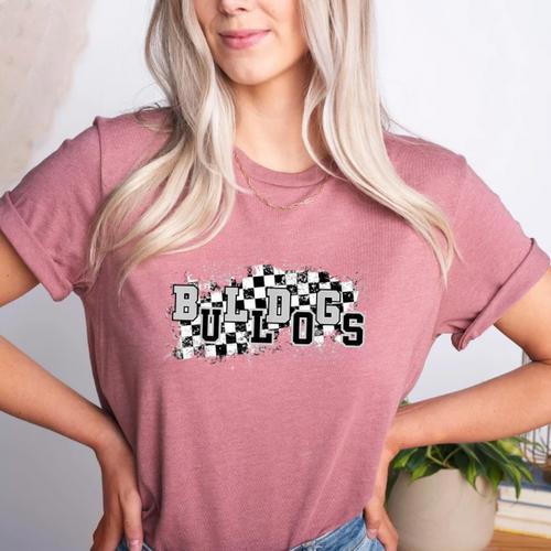 Bulldogs School Spirit Bulldog Pride Checkered Teacher Women's Heather T-Shirt - teacherstshirts.com DE