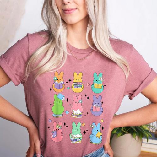 Bunny Reading Books Easter Day Librarian Teacher Book Women's Heather T-Shirt - teacherstshirts.com CA