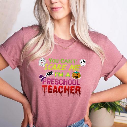 You Can't Scare Me I'm A Preschool Teacher Halloween Women's Heather T-Shirt - teacherstshirts.com