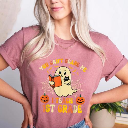You Can't Scare Me I Teach First Grade Halloween Teacher Women's Heather T-Shirt - teacherstshirts.com