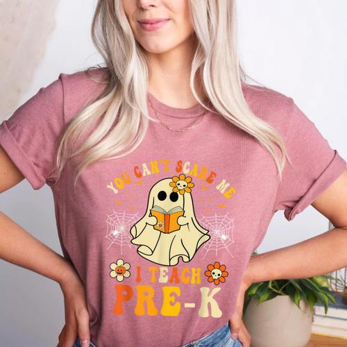 You Can't Scare Me I Teach Pre-K Halloween Teacher Ghost Women's Heather T-Shirt - teacherstshirts.com