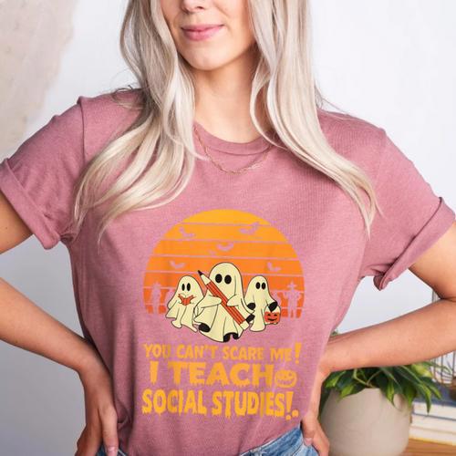 You Can't Scare Me I Teach Social Studies Teacher Halloween Women's Heather T-Shirt - teacherstshirts.com