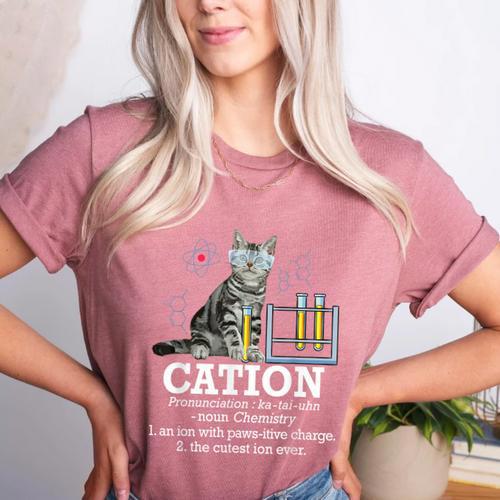 Cation Chemistry Humor Science Teacher Cat Pun Women's Heather T-Shirt - teacherstshirts.com AU