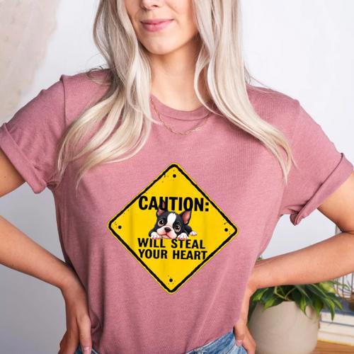 Caution Sign Boston Terrier Dog Bostie Puppy Women's Heather T-Shirt - Bostonterriersmerch.com