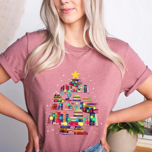 Christmas Library Tree Love Reading Books Nerd Teacher Women's Heather T-Shirt - teacherstshirts.com UK