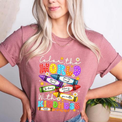 Color The World With Kindness Crayon Positivity Teacher Women's Heather T-Shirt - teacherstshirts.com UK
