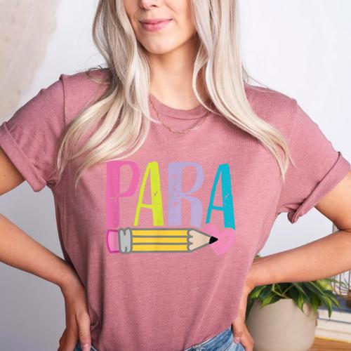 Colorful PARA Teacher Paraprofessional Cute Pencil Women's Heather T-Shirt - teacherstshirts.com